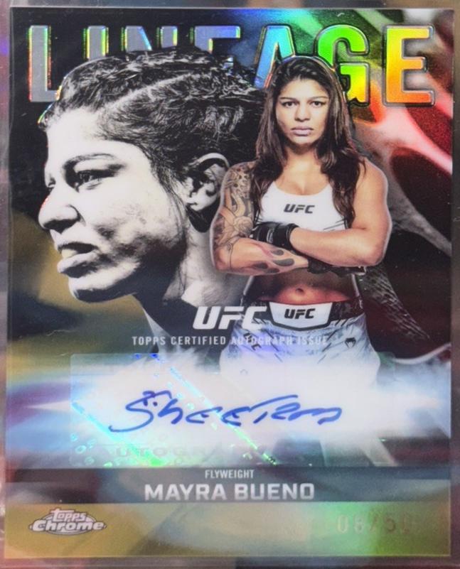Mayra Bueno 2026 Topps Chrome UFC Chrome Lineage Autographs #CCA-MB Gold Refractor