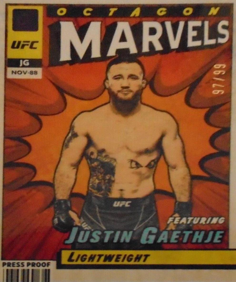 Justin Gaethje 2022 Panini Donruss UFC Octagon Marvels #15 Press Proof Purple