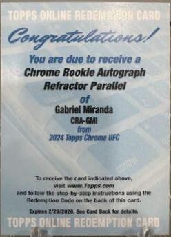 Gabriel Miranda 2024 Topps Chrome UFC Chrome Rookie Autographs #CRA-GMI Refractor