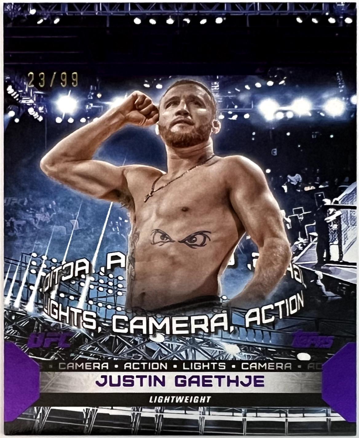Justin Gaethje 2024 Topps Knockout UFC Lights (Lights, Camera, Action) #LTS-18 Purple