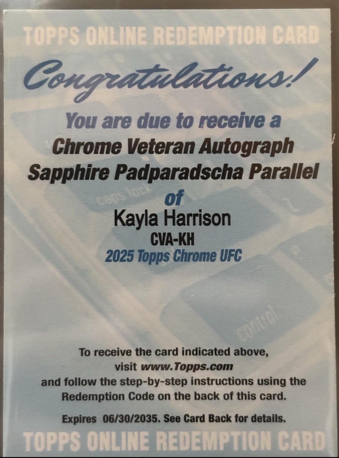Kayla Harrison 2025 Topps Chrome Sapphire UFC Chrome Veteran Autographs Sapphire #CVA-KH Padparadscha Sapphire