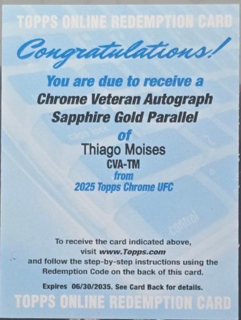 Thiago Moises 2025 Topps Chrome Sapphire UFC Chrome Veteran Autographs Sapphire #CVA-TM Black Sapphire