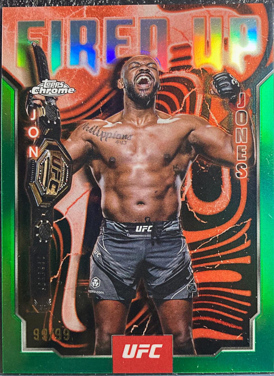 Jon Jones 2025 Topps Chrome UFC Fired Up #FUP-17 Green Refractor