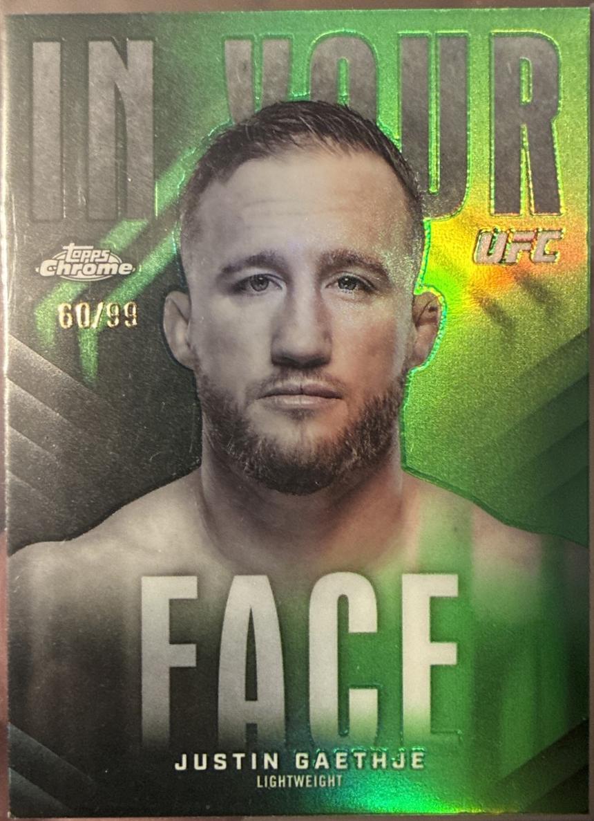 Justin Gaethje 2026 Topps Chrome UFC In Your Face #IYF-14 Green Refractor