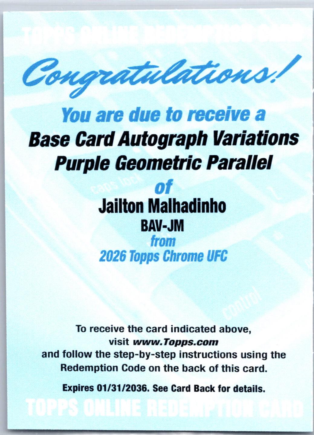 Jailton Almeida 2026 Topps Chrome UFC Base Autographs #BAV-JM Red Refractor