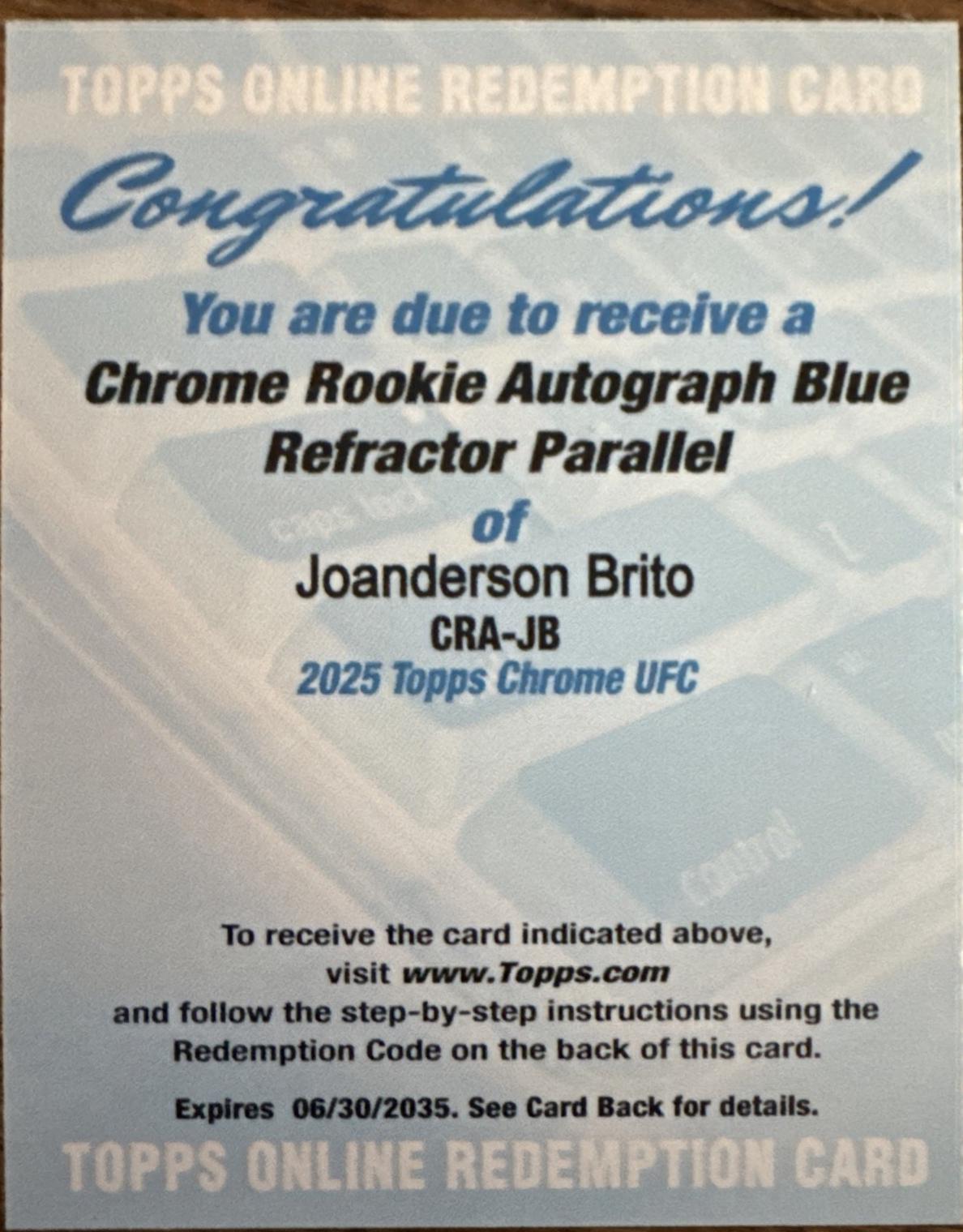 Joanderson Brito 2025 Topps Chrome UFC Chrome Rookie Autographs #CRA-JB Blue Refractor