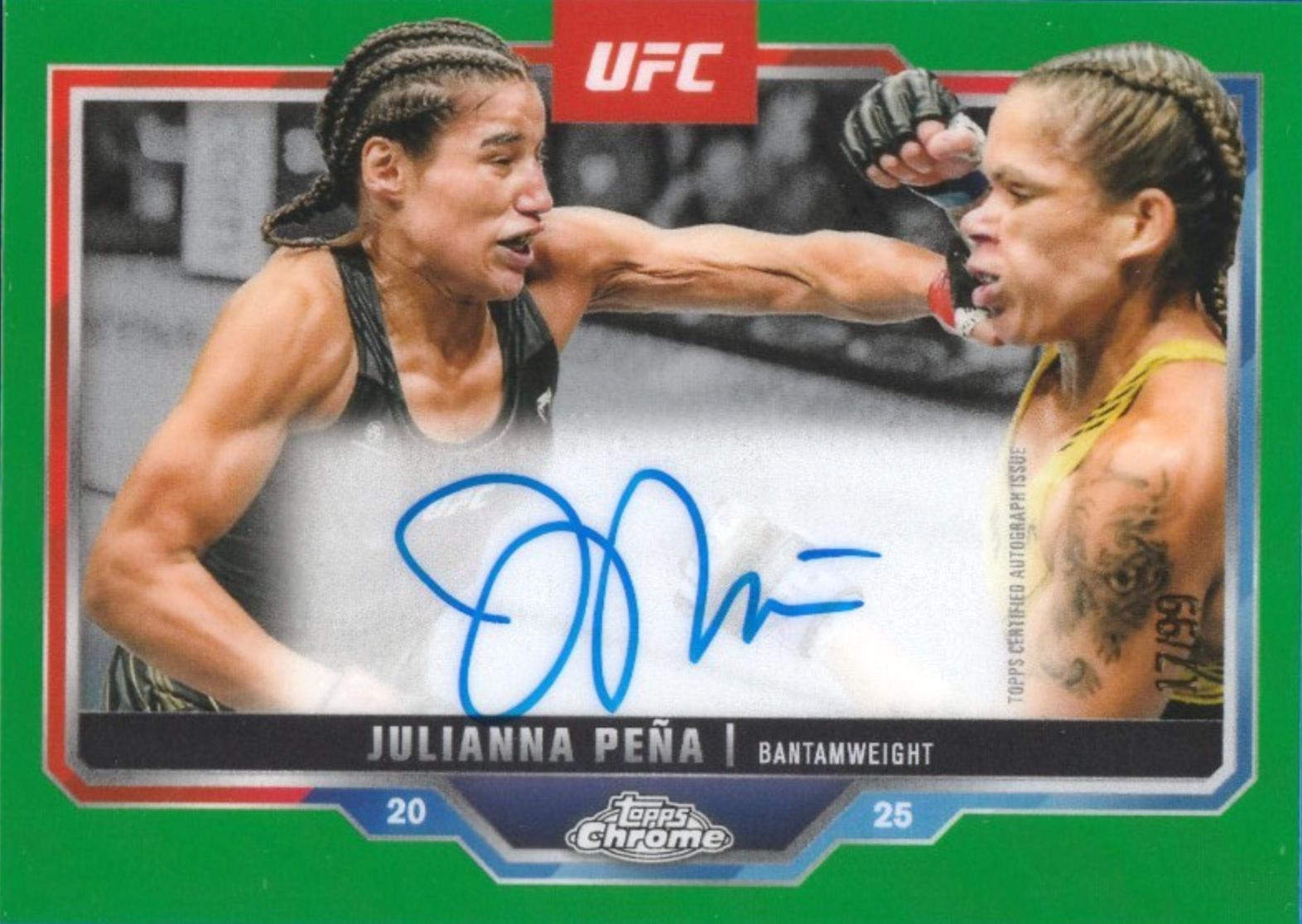 Julianna Peña 2025 Topps Chrome UFC Chrome Veteran Autographs #CVA-JU Green Refractor