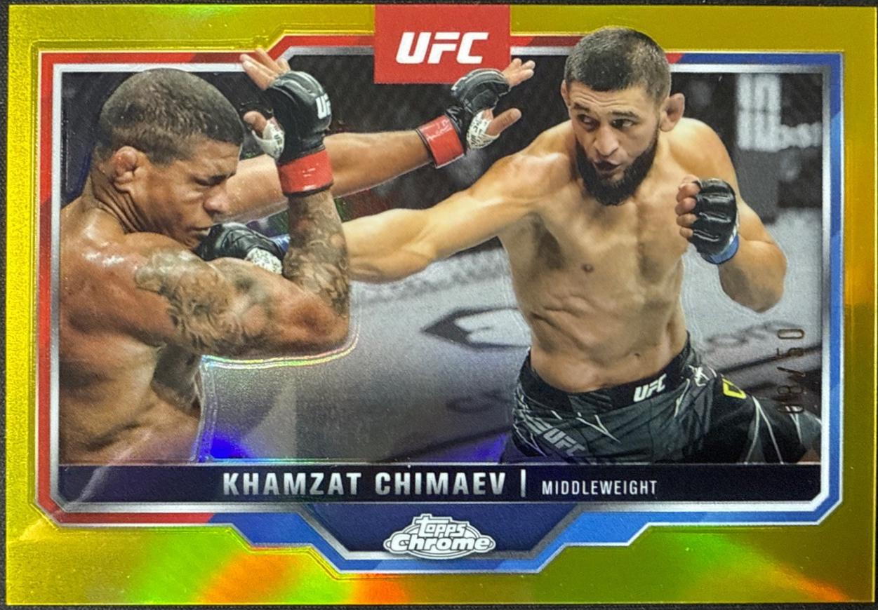 Khamzat Chimaev 2025 Topps Chrome UFC Base #102 Gold Refractor