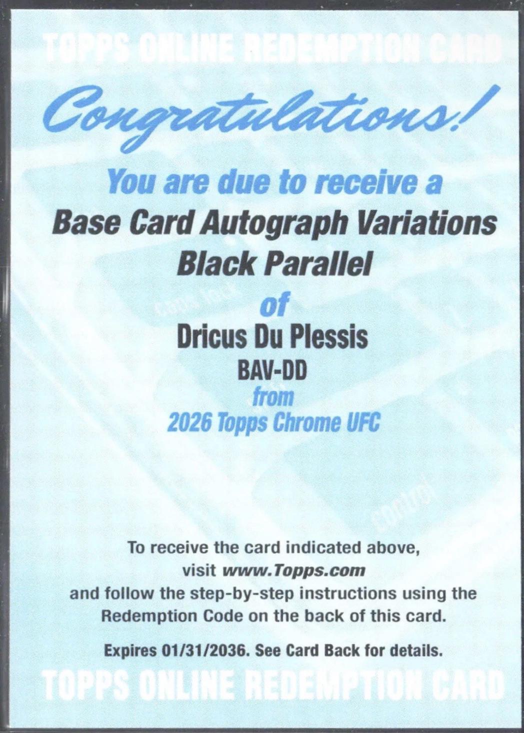 Dricus Du Plessis 2026 Topps Chrome UFC Base Autographs #BAV-DD Refractor