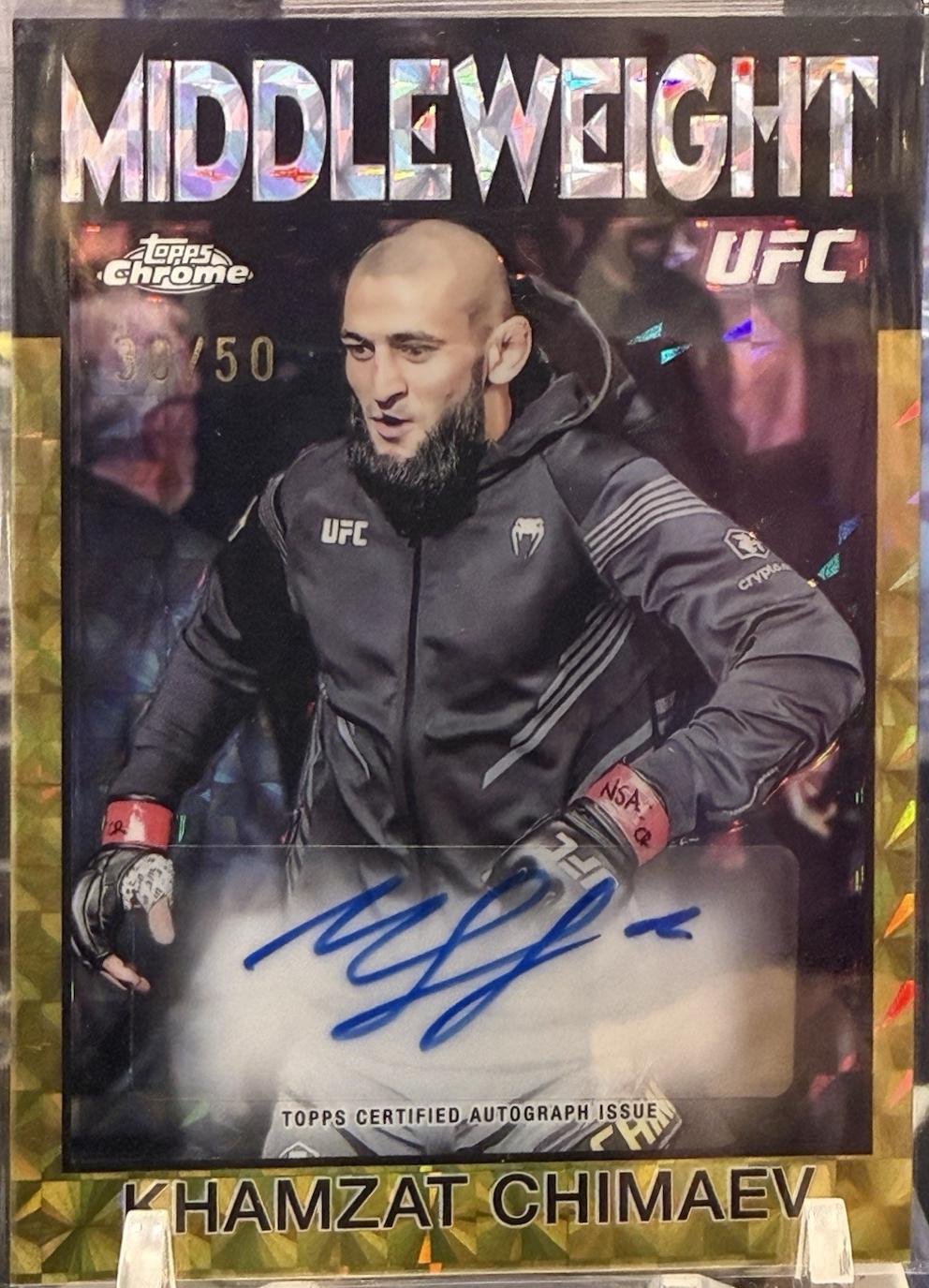 Khamzat Chimaev 2026 Topps Chrome UFC 1986 Topps Signatures #86S-KC Gold Geometric Refractor