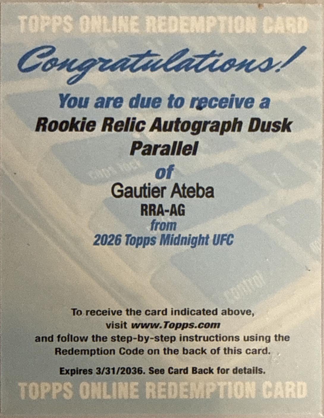Ateba Gautier 2026 Topps Midnight UFC Rookie Relic Autographs #RRA-AG Black Light
