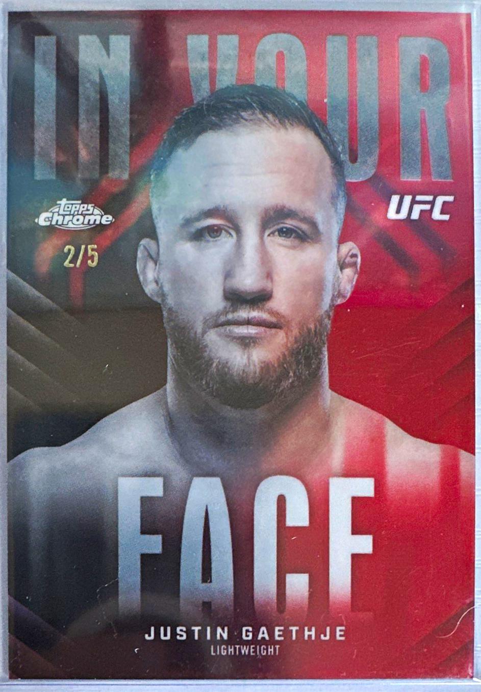 Justin Gaethje 2026 Topps Chrome UFC In Your Face #IYF-14 Red Refractor