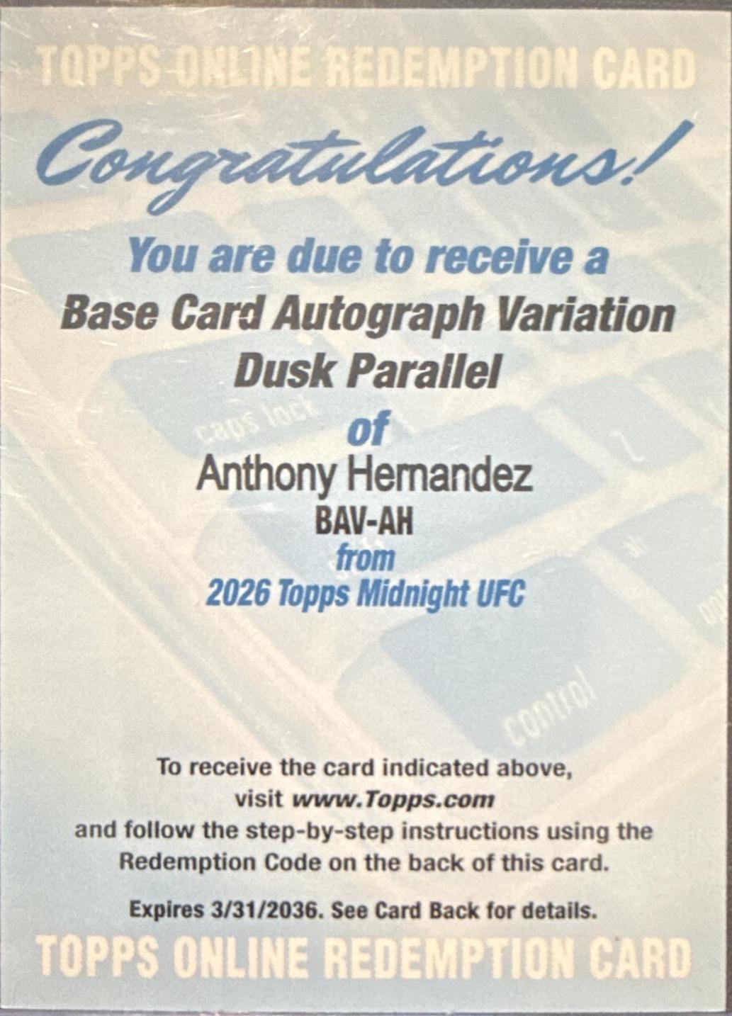 Anthony Hernandez 2026 Topps Midnight UFC Base Autographs #BAV-AH Dusk