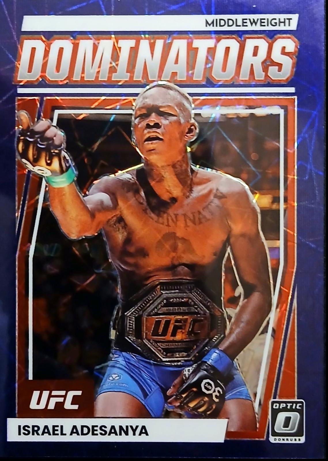 Israel Adesanya 2023 Panini Donruss Optic UFC Dominators #16 Purple Velocity