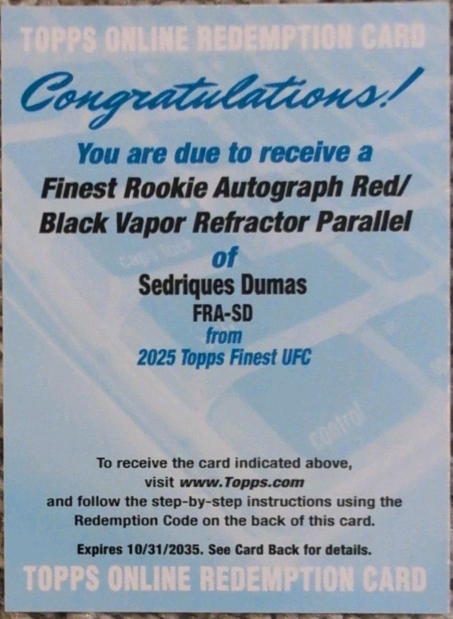 Sedriques Dumas 2025 Topps Finest UFC Finest Rookie Autographs #FRA-SD Superfractor