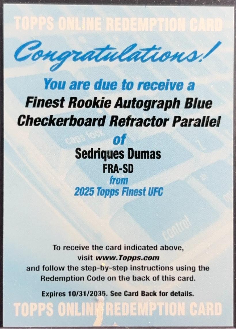 Sedriques Dumas 2025 Topps Finest UFC Finest Rookie Autographs #FRA-SD Blue Checkerboard Refractor