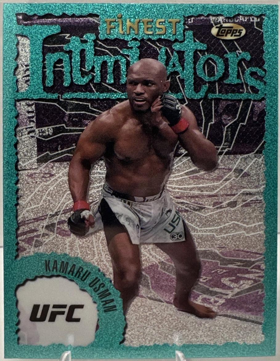 Kamaru Usman 2024 Topps Finest UFC Intimidators #INT-12 Aqua Glitter Refractor