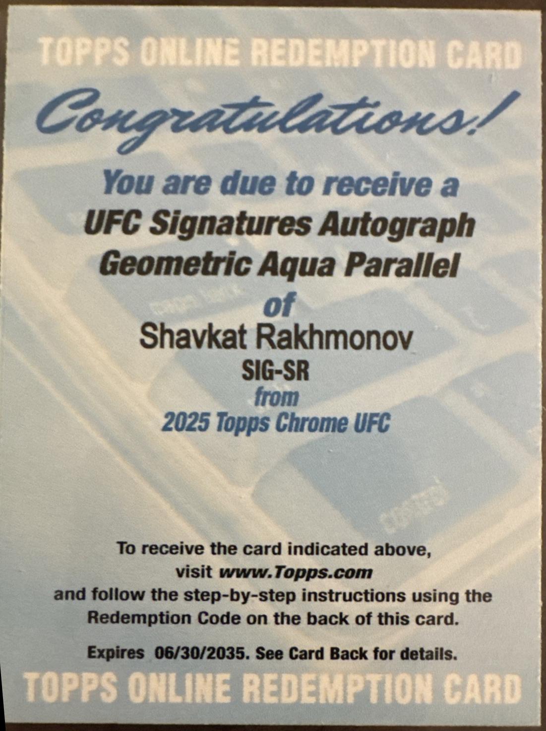 Shavkat Rakhmonov 2025 Topps Chrome UFC UFC Signatures #SIG-SR Geometric Aqua Refractor