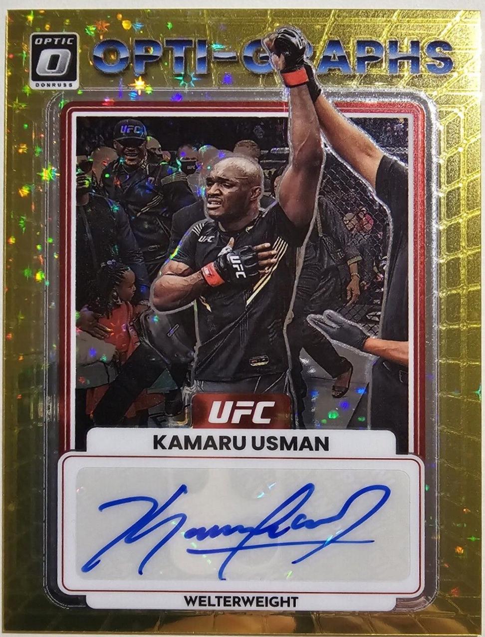 Kamaru Usman 2023 Panini Donruss Optic UFC Opti-Graphs #13 FOTL Gold Stars Autograph