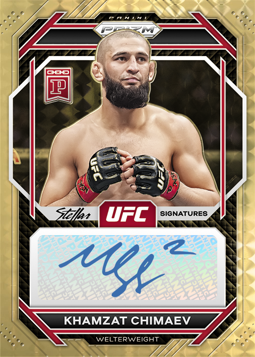 Khamzat Chimaev 2023 Panini Blockchain Prizm UFC — Physical Counterparts Stellar Signatures #UFC-KC Gold Vinyl