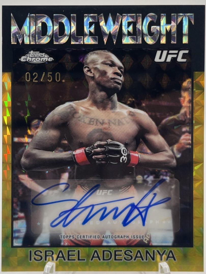 Israel Adesanya 2026 Topps Chrome UFC 1986 Topps Signatures #86S-IA Gold Geometric Refractor