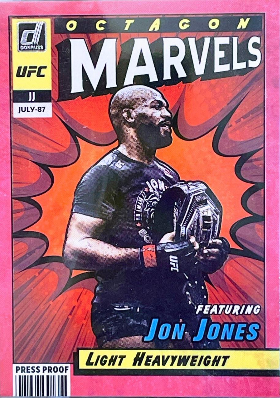 Jon Jones 2022 Panini Donruss UFC Octagon Marvels #2 Press Proof Pink