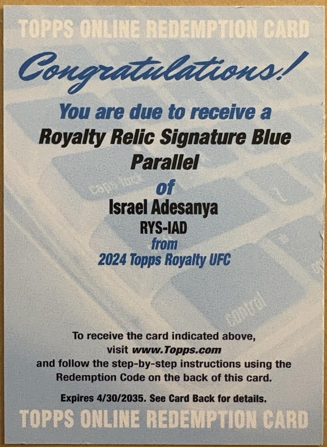 Israel Adesanya 2024 Topps Royalty UFC Royalty Relic Signatures #RYS-IAD Blue