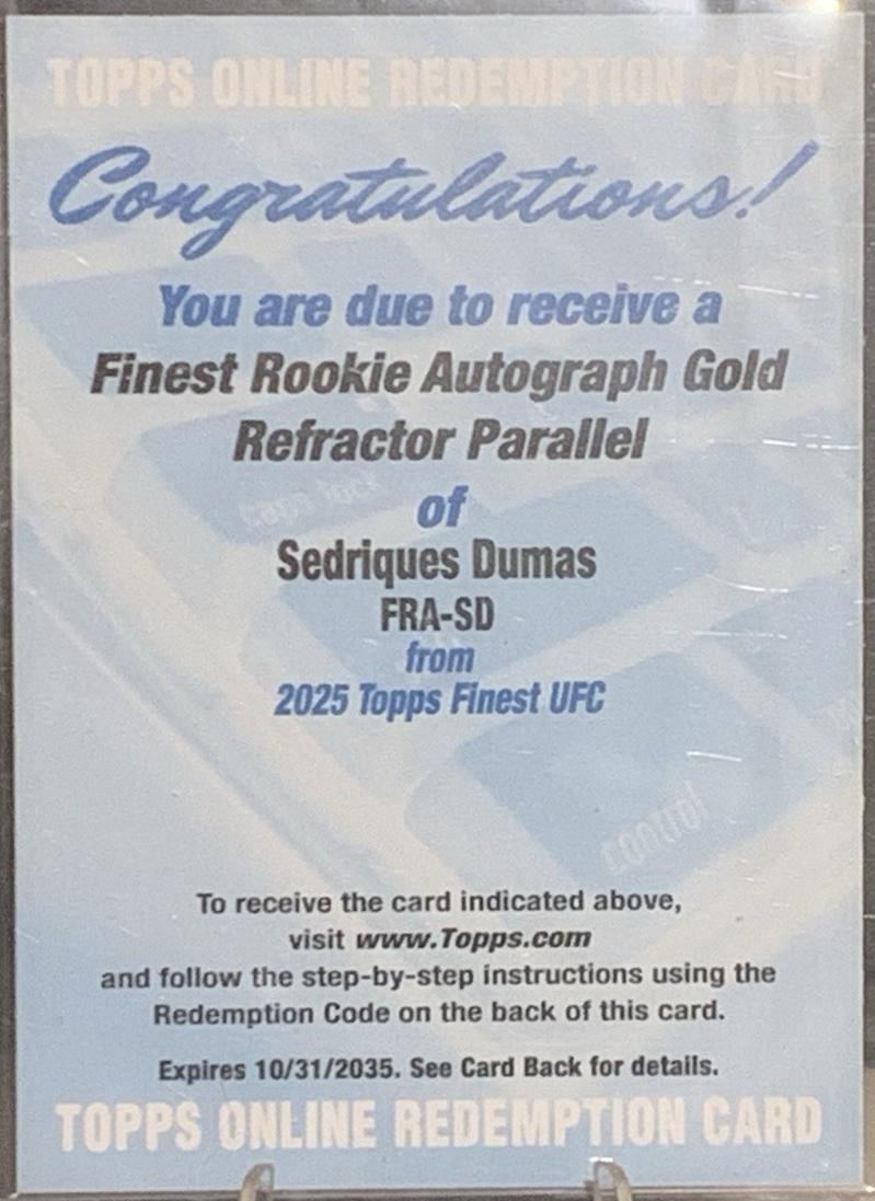 Sedriques Dumas 2025 Topps Finest UFC Finest Rookie Autographs #FRA-SD Gold Refractor