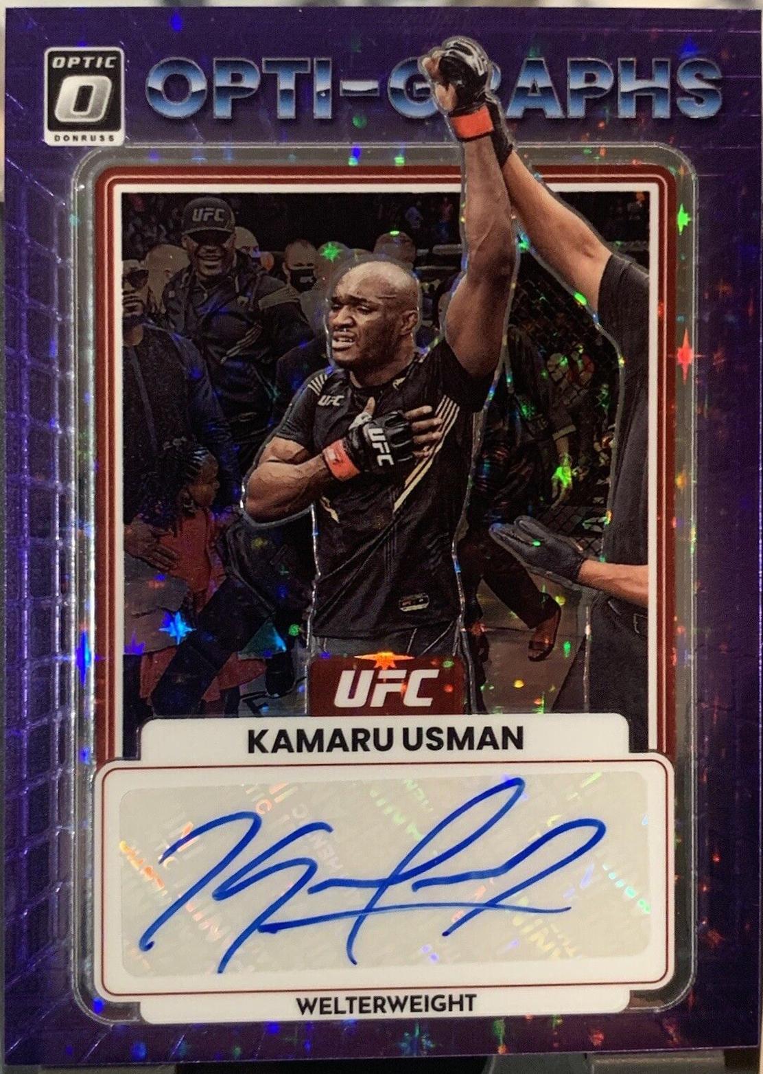 Kamaru Usman 2023 Panini Donruss Optic UFC Opti-Graphs #13 FOTL Purple Stars Autograph