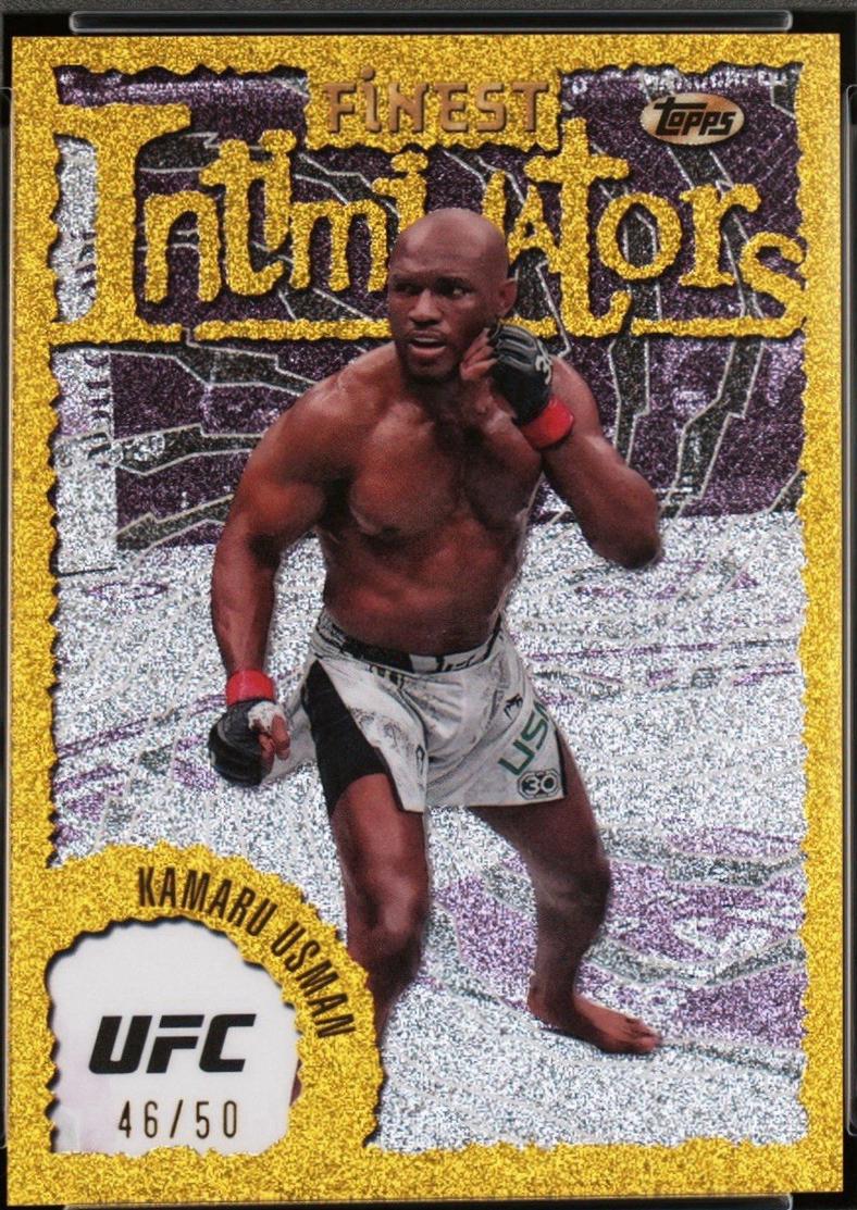 Kamaru Usman 2024 Topps Finest UFC Intimidators #INT-12 Yellow Glitter Refractor