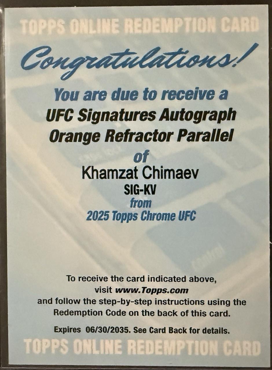 Khamzat Chimaev 2025 Topps Chrome UFC UFC Signatures #SIG-KV Orange Refractor