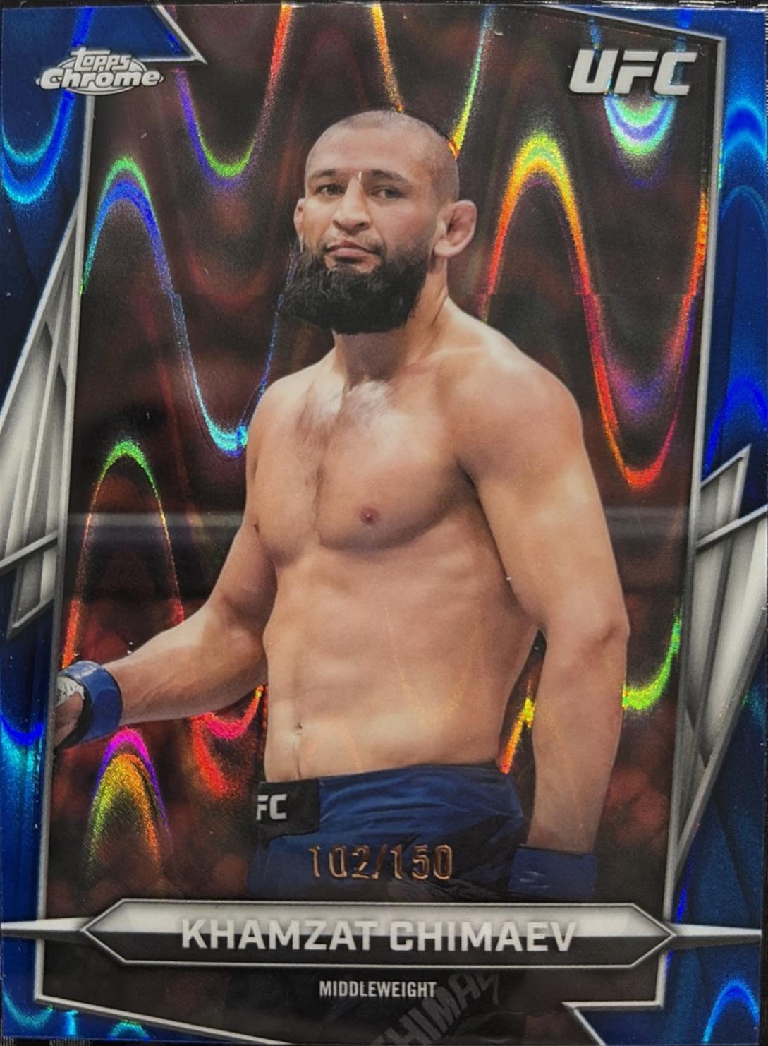 Khamzat Chimaev 2026 Topps Chrome UFC Base #125 Blue Ray Wave Refractor