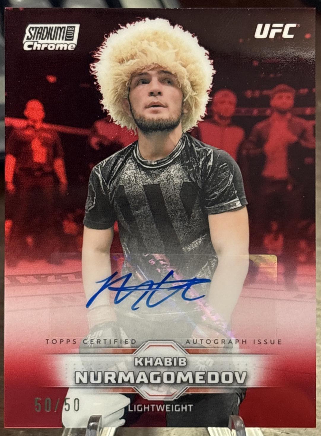 Khabib Nurmagomedov 2026 Topps Stadium Club UFC Chrome Autographs #CAV-KNV Red Refractor