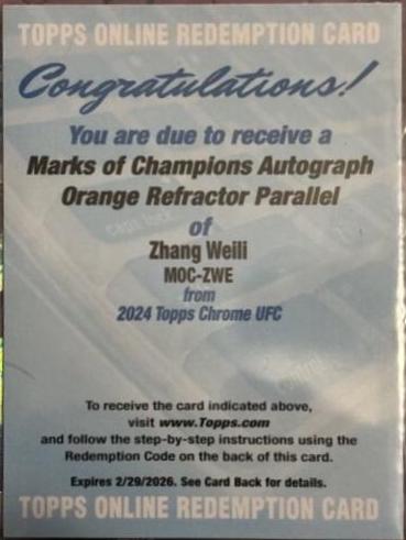 Zhang Weili 2024 Topps Chrome UFC Marks of Champions #MOC-ZWE Orange Refractor