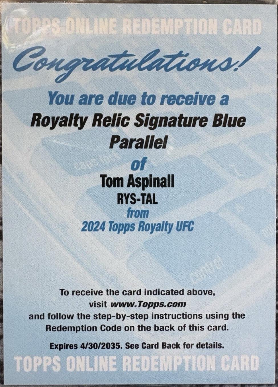 Tom Aspinall 2024 Topps Royalty UFC Royalty Relic Signatures #RYS-TAL Blue