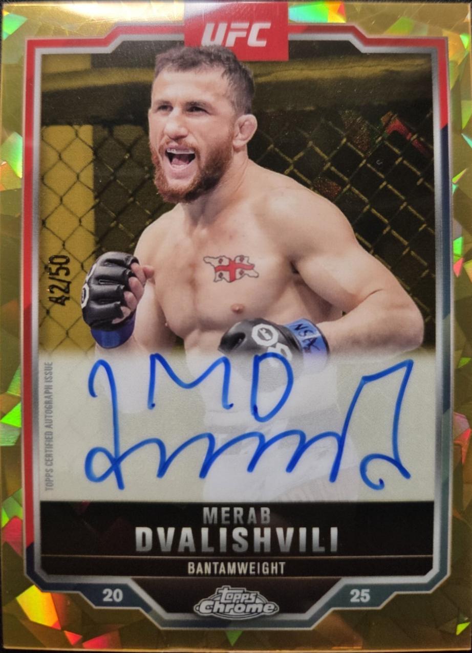 Merab Dvalishvili 2025 Topps Chrome Sapphire UFC Chrome Veteran Autographs Sapphire #CVA-MI Gold Sapphire