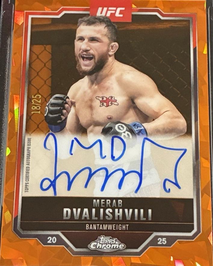 Merab Dvalishvili 2025 Topps Chrome Sapphire UFC Chrome Veteran Autographs Sapphire #CVA-MI Orange Sapphire