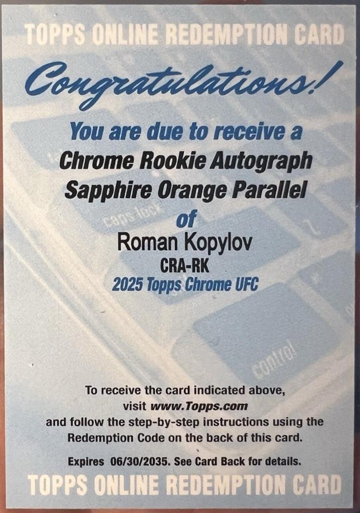 Roman Kopylov 2025 Topps Chrome Sapphire UFC Chrome Rookie Autographs Sapphire #CRA-RK Orange Sapphire