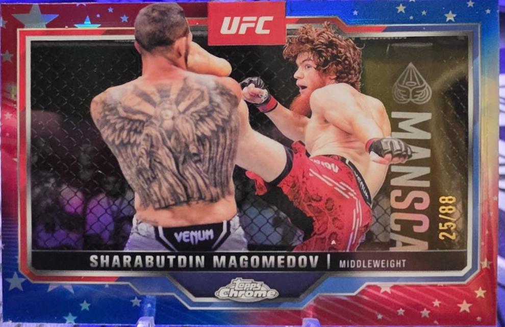 Shara Magomedov 2025 Topps Chrome UFC Fired Up #FUP-14 Red White Blue Refractor