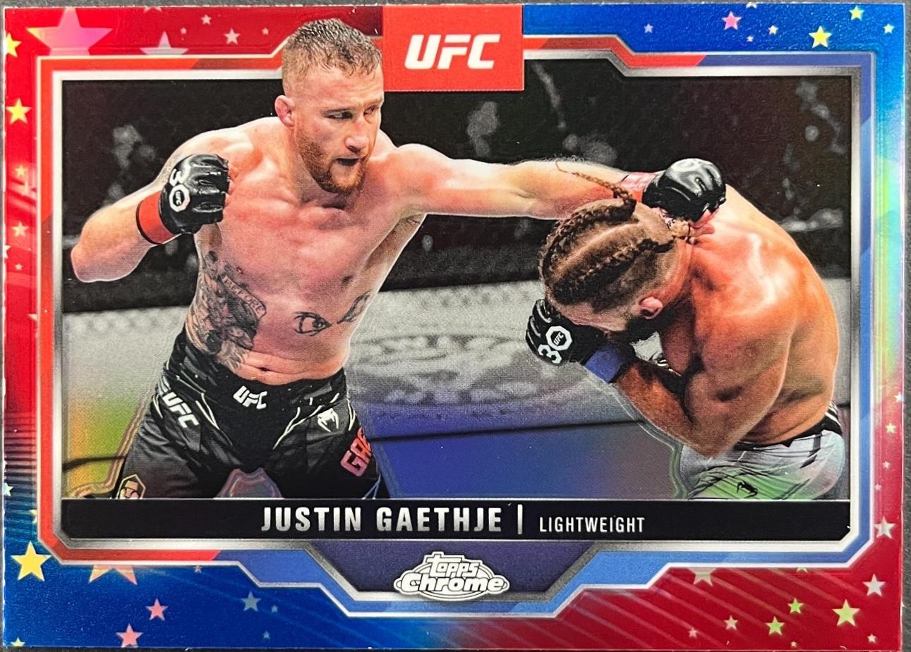 Justin Gaethje 2025 Topps Chrome UFC Base #138 Red & Blue Refractor