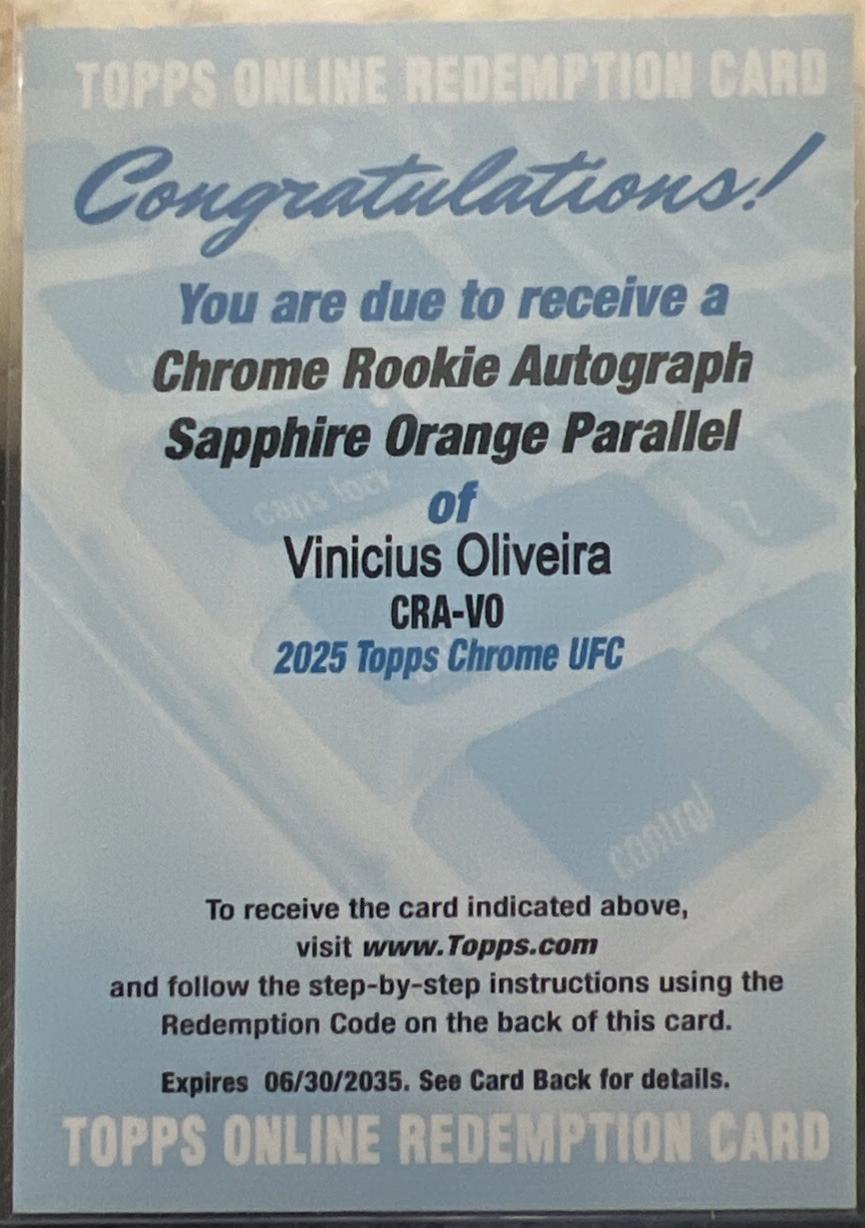 Vinicius Oliveira 2025 Topps Chrome Sapphire UFC Chrome Rookie Autographs Sapphire #CRA-VO Orange Sapphire