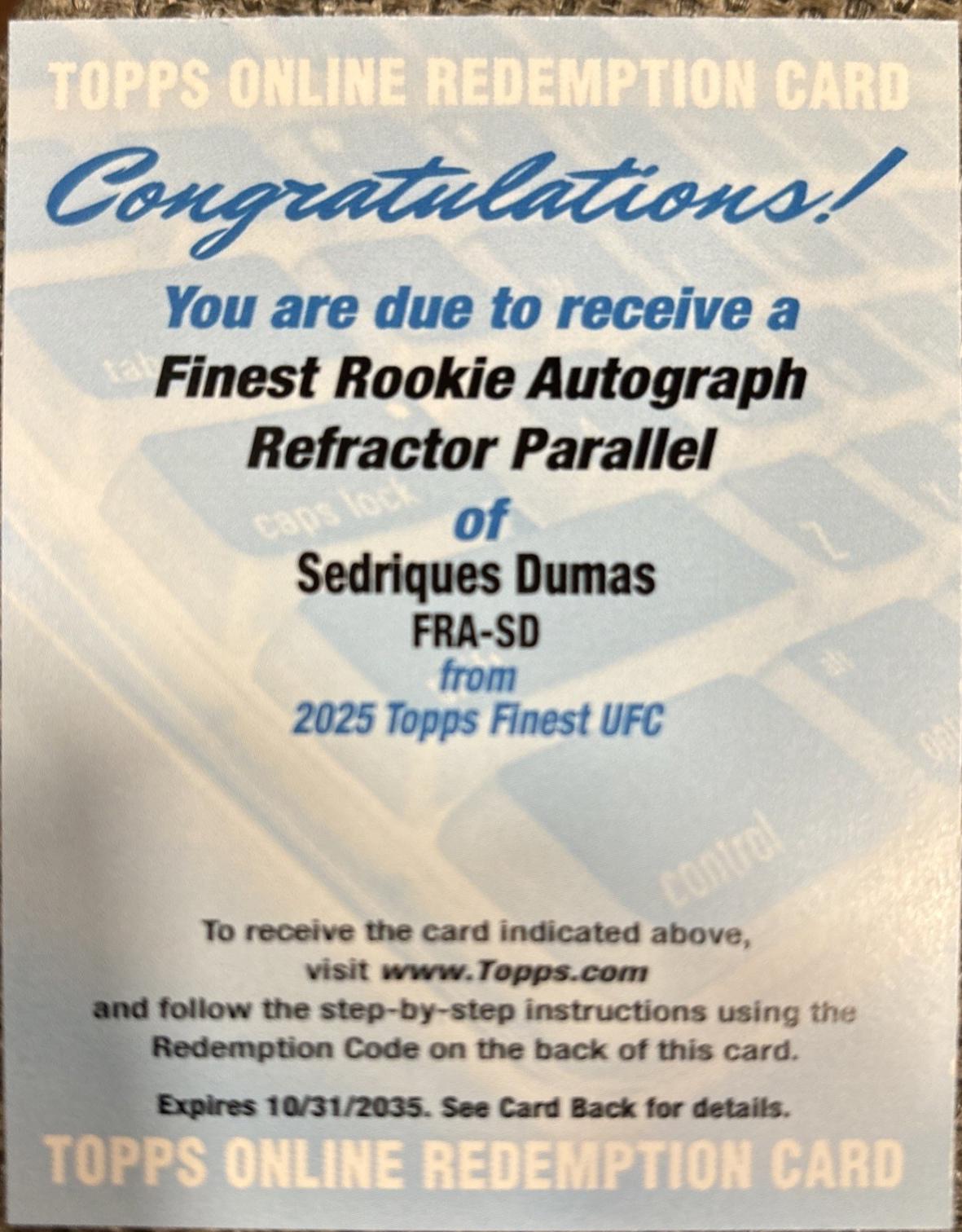 Sedriques Dumas 2025 Topps Finest UFC Finest Rookie Autographs #FRA-SD Refractor