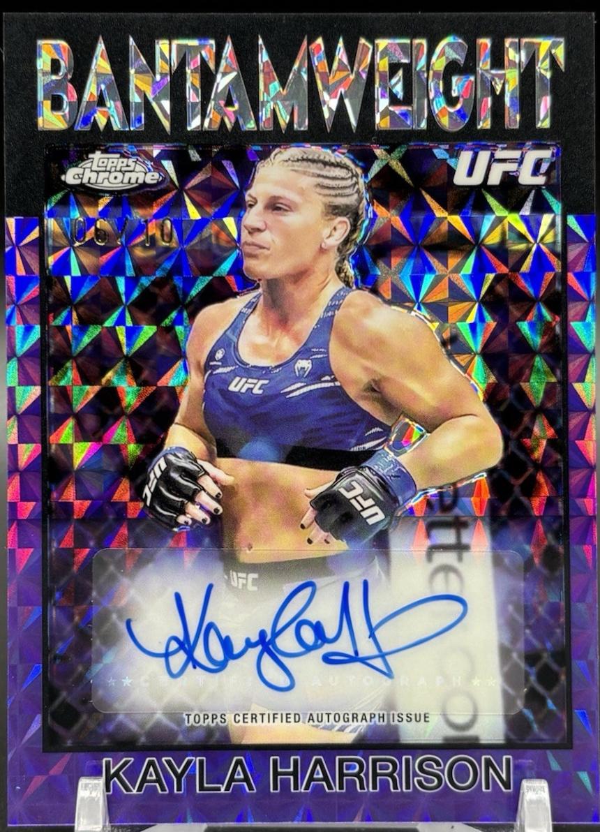 Kayla Harrison 2026 Topps Chrome UFC 1986 Topps Signatures #86S-KH Purple Geometric Refractor